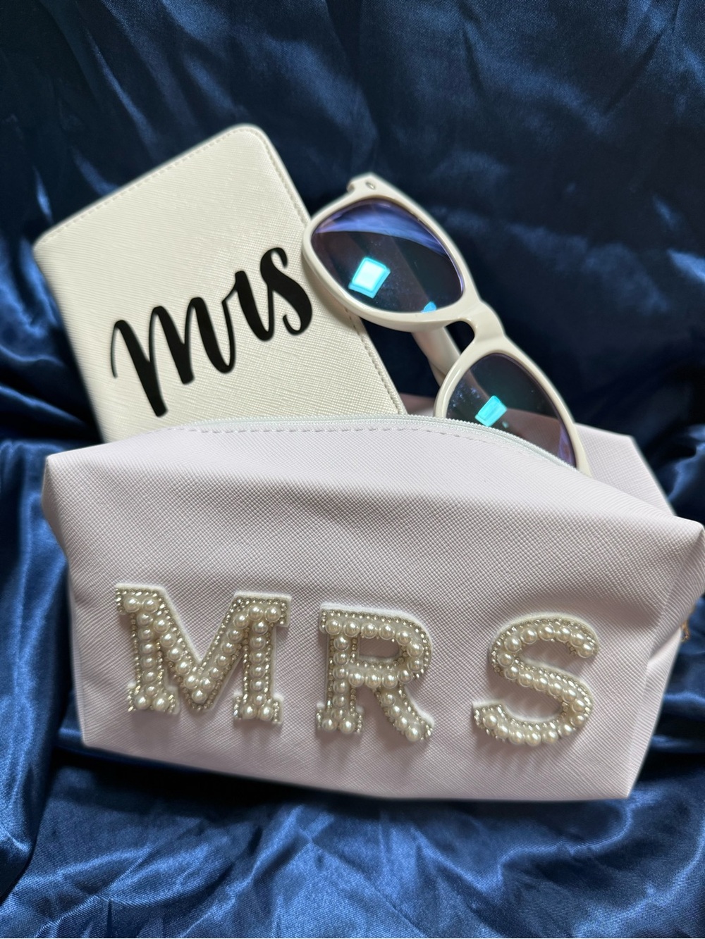 Bride “Mrs” Bundle! Cosmetic pouch, sunglasses, passport wallet (set of 3)